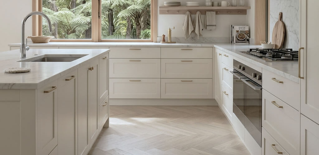 Alpine Oak Herringbone captures the fresh, natural beauty of European Oak in a light and airy tone inspired by New Zealand's alpine landscapes.