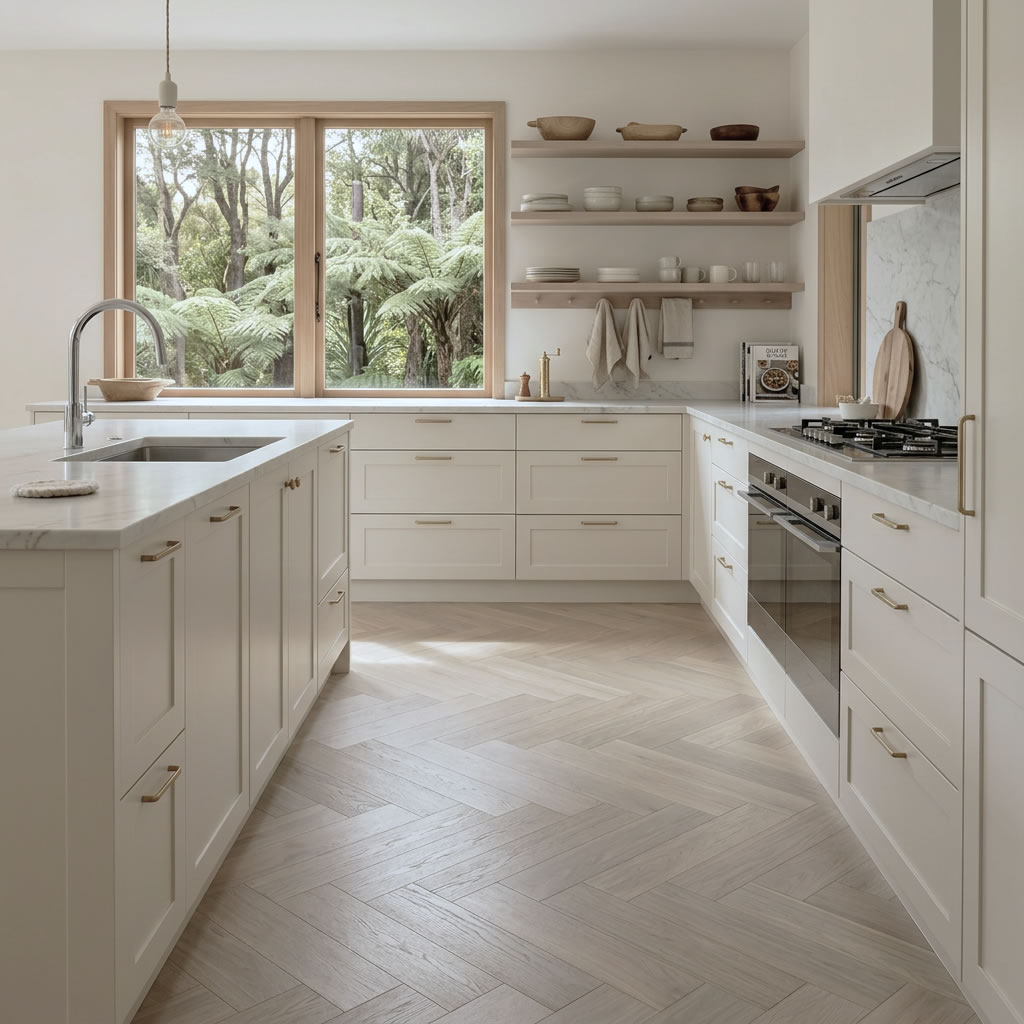 Alpine Oak Herringbone captures the fresh, natural beauty of European Oak in a light and airy tone inspired by New Zealand's alpine landscapes.