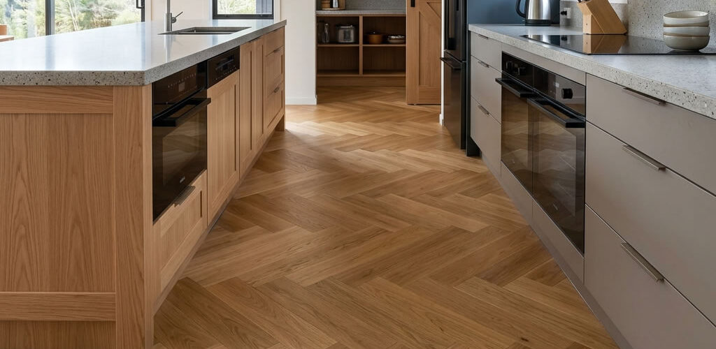 Coastal Oak Herringbone celebrates the natural beauty of European Oak in a warm, balanced tone inspired by New Zealand's coastal landscapes.