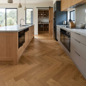 Coastal Oak Herringbone celebrates the natural beauty of European Oak in a warm, balanced tone inspired by New Zealand's coastal landscapes.