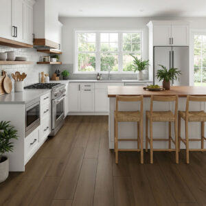 Aqua-Block Tongariro Oak Stepcasa lamiante flooring 1562 presents a calm and grounded mid-to-dark brown tone that immediately conveys a sense of quiet depth.