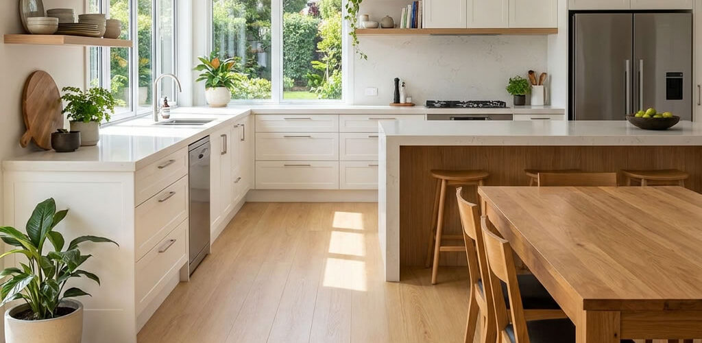 Heron Oak laminate flooring embodies the purity and simplicity of light itself. With its pale straw tone and soft golden wash, it brings a sense of effortless brightness to any space