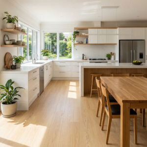 Heron Oak laminate flooring embodies the purity and simplicity of light itself. With its pale straw tone and soft golden wash, it brings a sense of effortless brightness to any space