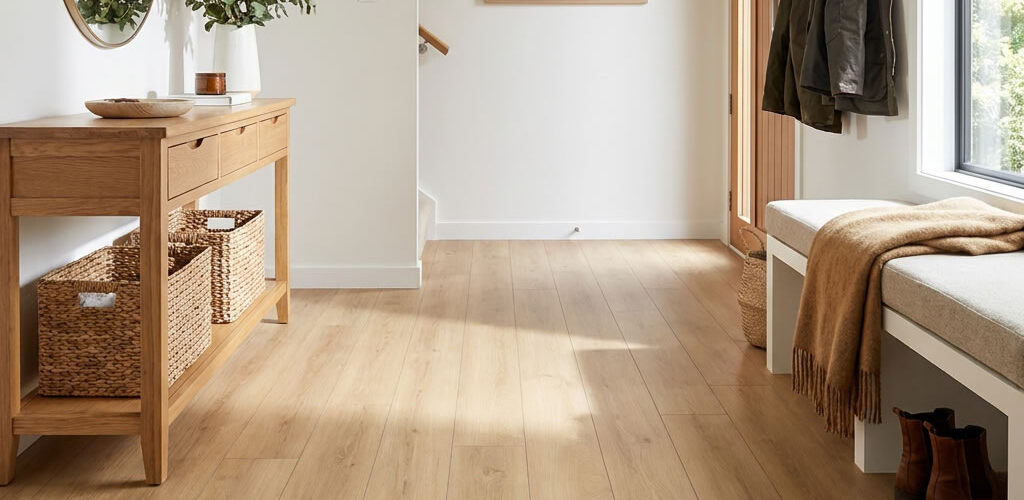 Aqua-Block Rotorua Oak Stepcasa lamiante flooring 85311 captures the quiet elegance of light-toned oak with a surface that feels both natural and delicately refined.