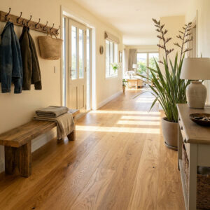Natural hardwood timber oak flooring brings warmth, texture, and authenticity into interior spaces.