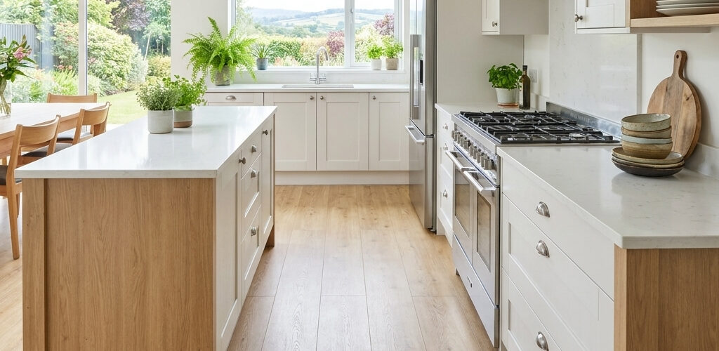 Warm Oak Laminate Flooring features an oak shade laminate design with EIR technology, a floating laminate installation system, wide plank format, and a natural oak look.