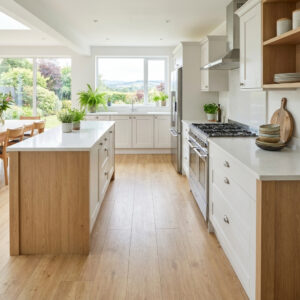 Warm Oak Laminate Flooring features an oak shade laminate design with EIR technology, a floating laminate installation system, wide plank format, and a natural oak look.