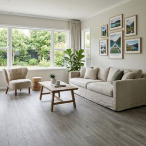This Grey Oak Laminate Flooring features an oak effect laminate surface with EIR technology, designed as a floating laminate installation with a secure click lock system, wide plank format, and a natural grey wood look.