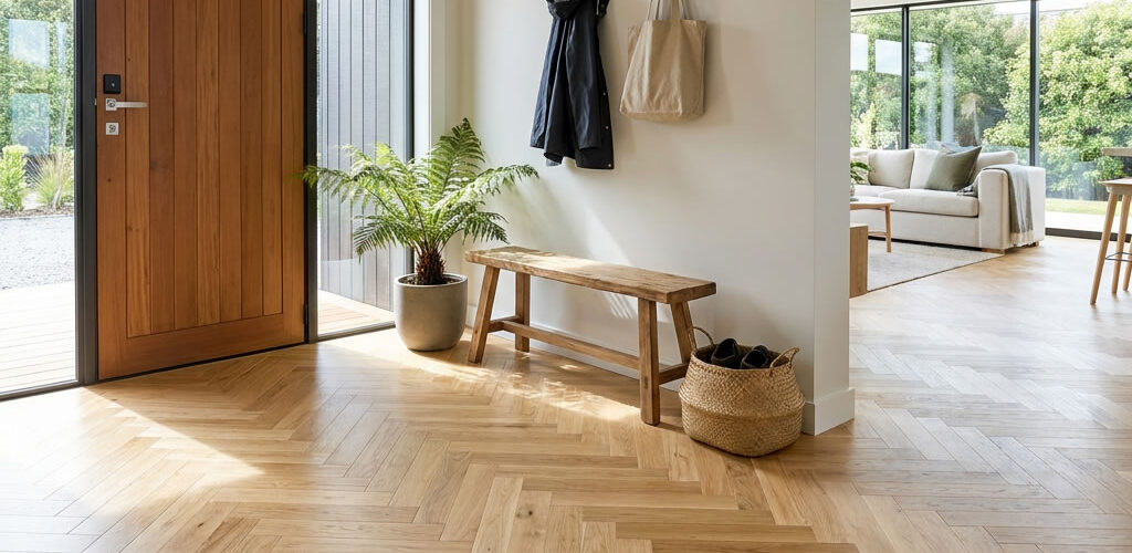Barlinek Engineered Herringbone Oak Carmel is a real wood herringbone flooring solution that combines classic oak character with a calm, contemporary finish.