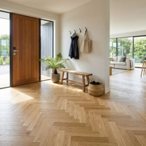 Barlinek Engineered Herringbone Oak Carmel is a real wood herringbone flooring solution that combines classic oak character with a calm, contemporary finish.