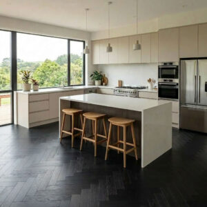 Engineered Wood Herringbone – Wanaka Black Herringbone flooring HB04 Wanaka Black HB-04 is a dark European oak engineered herringbone flooring designed for modern architectural interiors.