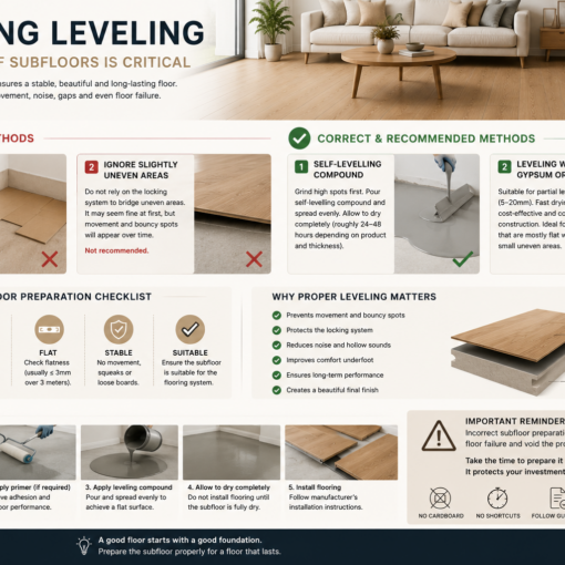 Proper subfloor preparation is one of the most important steps before installing wood flooring, laminate flooring, or SPC flooring.