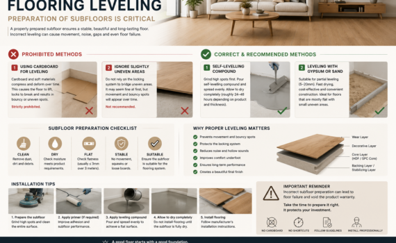 Proper subfloor preparation is one of the most important steps before installing wood flooring, laminate flooring, or SPC flooring.