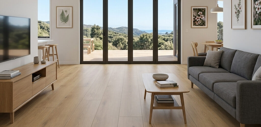 Sunrise Oak Hybrid Flooring captures the warmth and natural beauty of Oak through a soft, light-toned colour palette inspired by the first light of a New Zealand morning.