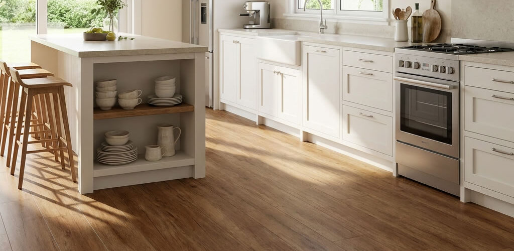 The 6.5mm Luxury SPC Hybrid Flooring in Oak Field presents a natural oak-inspired tone with visible grain variation and soft rustic character, creating a warm and grounded interior appearance. T