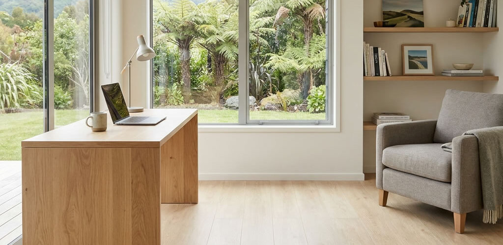 The 6.5mm Luxury SPC Hybrid Flooring in Oak Master features a light oak-inspired colour palette with soft grain detailing, creating a clean and airy interior appearance.