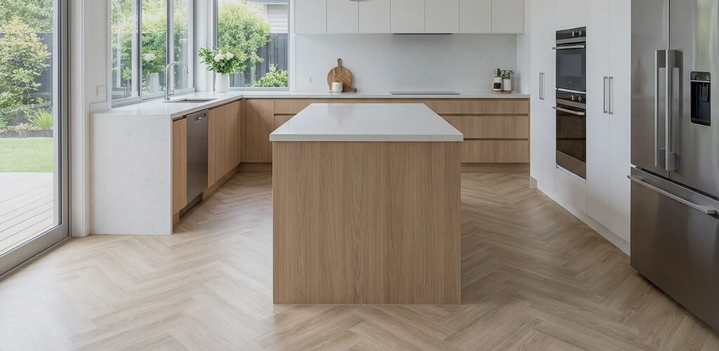 The 6.5mm Luxury SPC Hybrid Flooring in Herringbone Beige is a stylish choice for homeowners who want to bring a sense of brightness and comfort to their interiors.