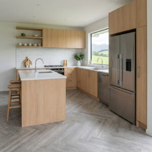 The 6.5mm Luxury SPC Hybrid Flooring in Herringbone Grey introduces a modern take on classic parquet design