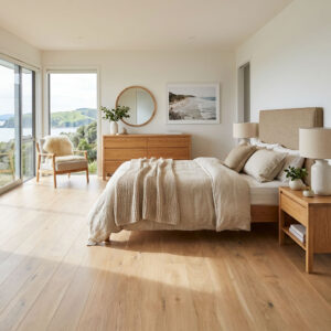 Elegant cream-stained real wood flooring offers a refined balance between soft colour tones and the natural character of oak.