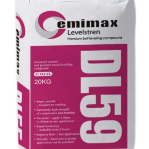 Cemimax DL59 is a cement based leveling compound with very high compressive strength to C40. DL59 is especially suitable for high traffic, heavy wear locations. DL59 can be also used as overlays for polished concrete finishes.1.5mm - 40mm in one application with a 40MPa rating.  The Perfect Floor Self Levelling Compound for Concrete, Tiles, Screed, Plywood & Timber Subfloors. Also the perfect application for outdoor areas + wet areas.