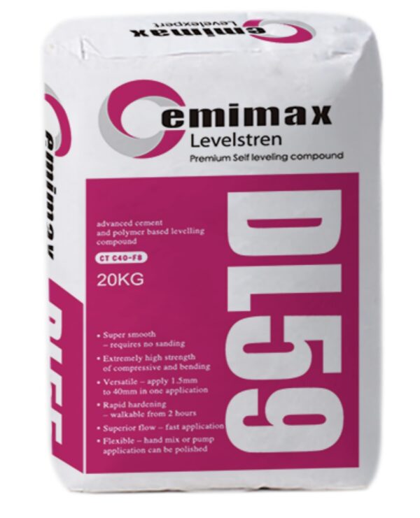 Cemimax DL59 is a cement based leveling compound with very high compressive strength to C40. DL59 is especially suitable for high traffic, heavy wear locations. DL59 can be also used as overlays for polished concrete finishes.1.5mm - 40mm in one application with a 40MPa rating.  The Perfect Floor Self Levelling Compound for Concrete, Tiles, Screed, Plywood & Timber Subfloors. Also the perfect application for outdoor areas + wet areas.