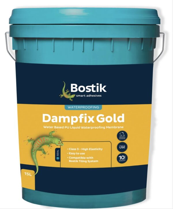 Bostik Dampfix Gold Grey is a one part, highly elastic, Class 3, water-based polyurethane waterproofing membrane system that meets the requirements of AS3740 by complying with AS/NZ 4858.